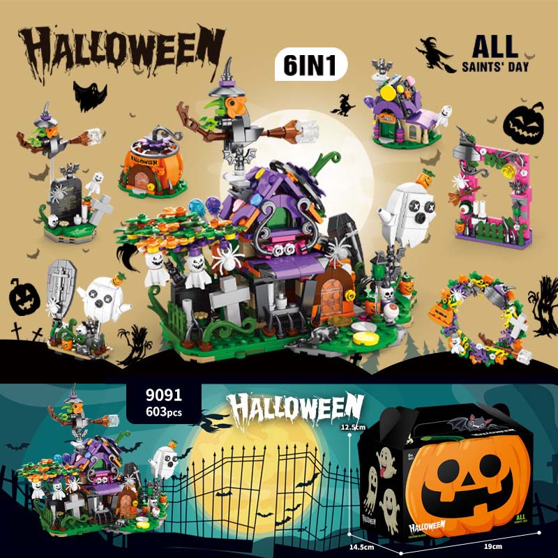 Lele Brothers 9091 Halloween Pumpkin House Ghost Haunted House Compatible Lego Bricks Cross Border Blind Box Holiday Gifts